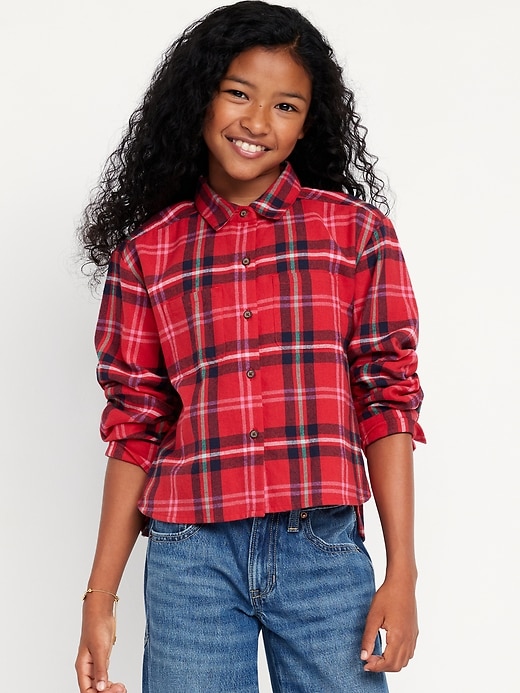 View large product image 1 of 3. Cropped Long-Sleeve Plaid Pocket Flannel Shirt for Girls