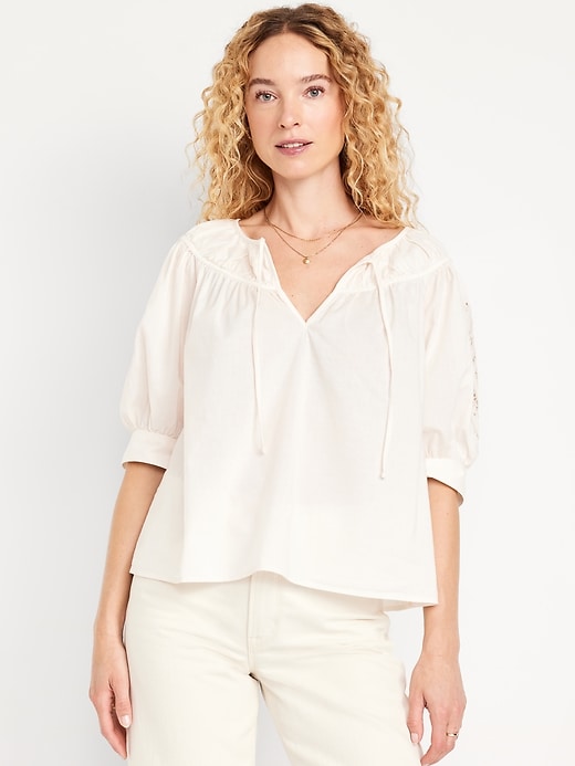 Image number 1 showing, Split-Neck Eyelet-Sleeve Top