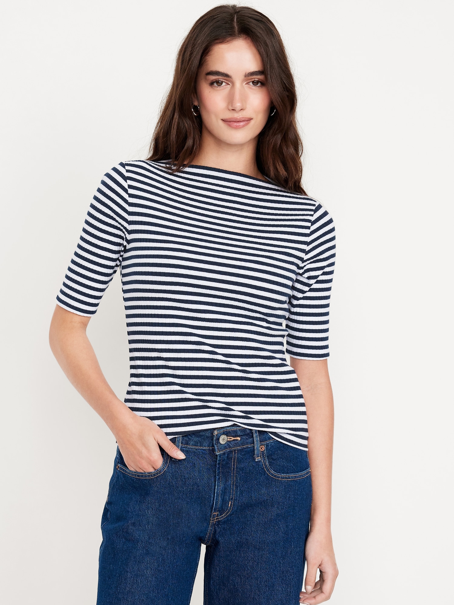 Ribbed Boat-Neck T-Shirt