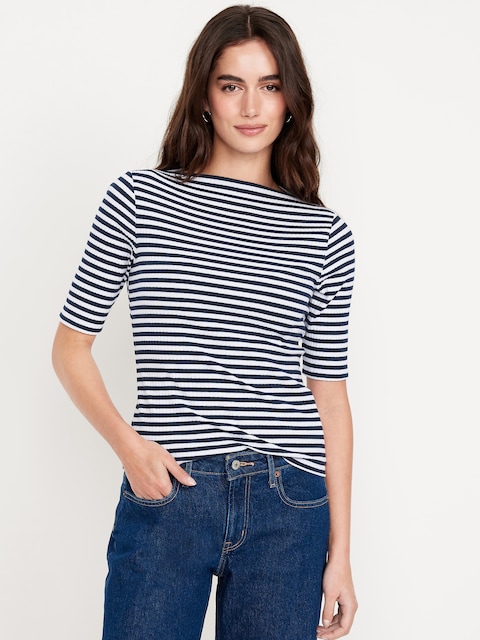 Ribbed Boat-Neck T-Shirt - Navy Stripe