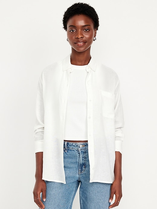 Image number 1 showing, Linen-Blend Loose Button-Down Shirt