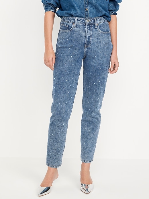 Image number 2 showing, High-Waisted OG Straight Rhinestone-Embellished Ankle Jeans