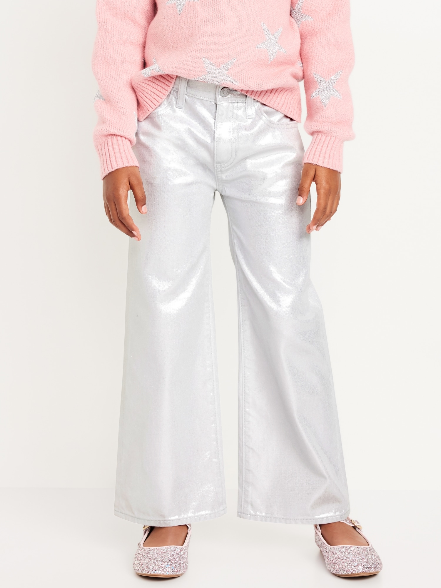 High-Waisted Baggy Silver Shine Wide-Leg Jeans for Girls