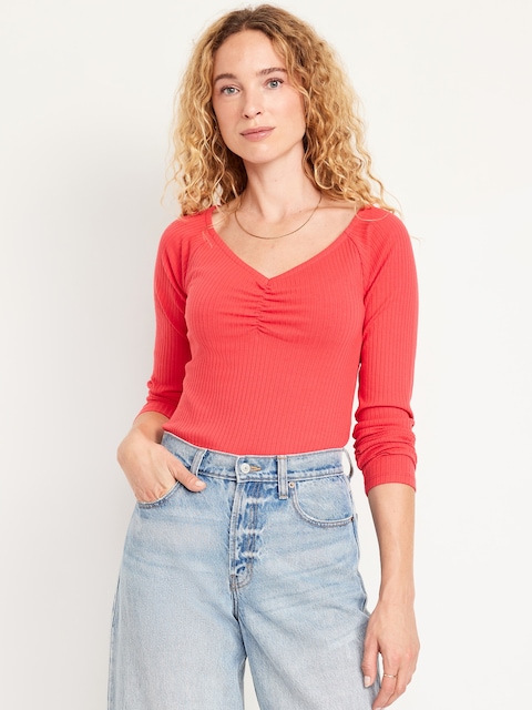 Cinched Rib-Knit Top - Bright Coral