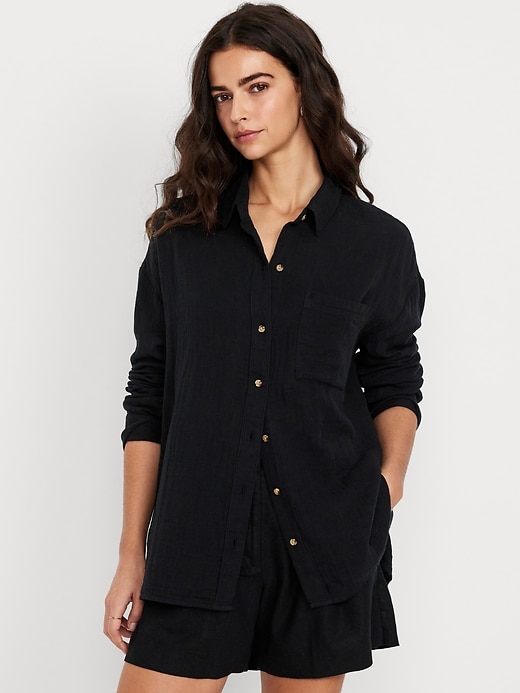 Image number 1 showing, Crinkle Gauze Loose Button-Down Shirt