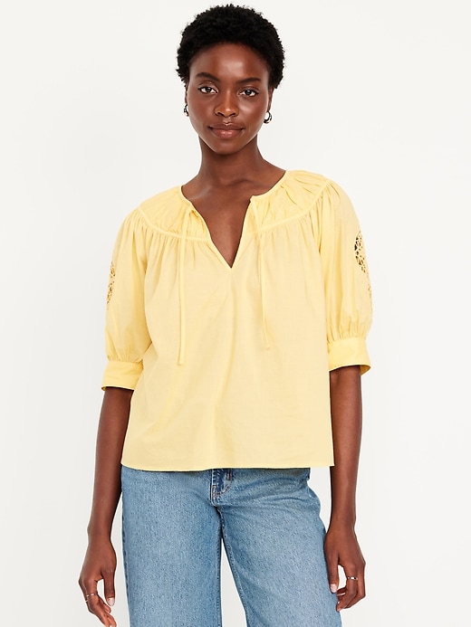 Image number 1 showing, Split-Neck Eyelet-Sleeve Top