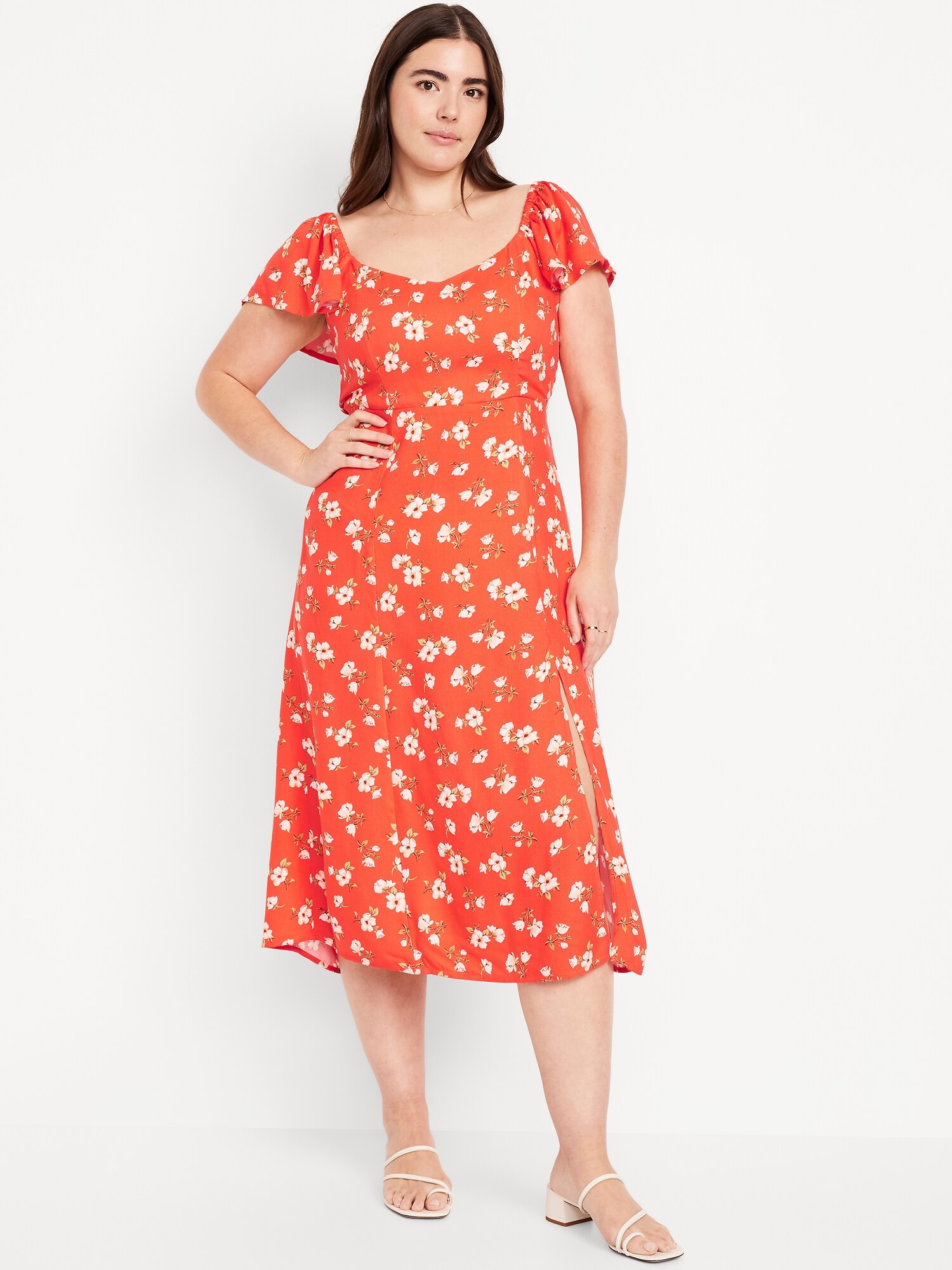 Женское платье Old Navy Flutter-Sleeve Crepe Midi, цвет: Красный с принтом — фото 4