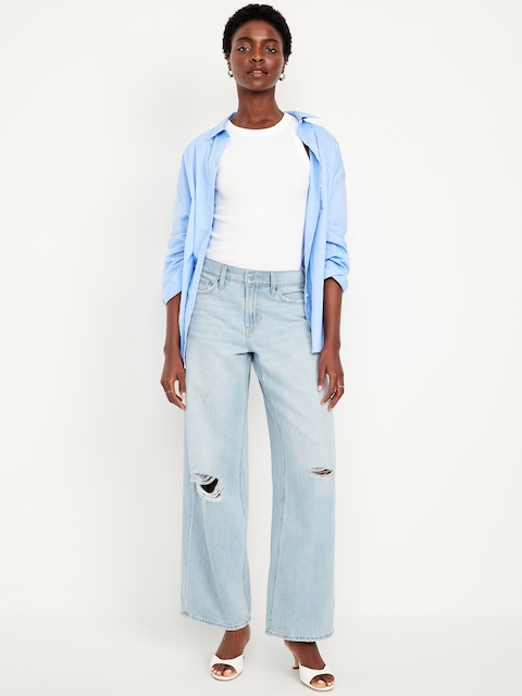 Mid-Rise Ripped Baggy Wide-Leg Jeans - Light Distressed