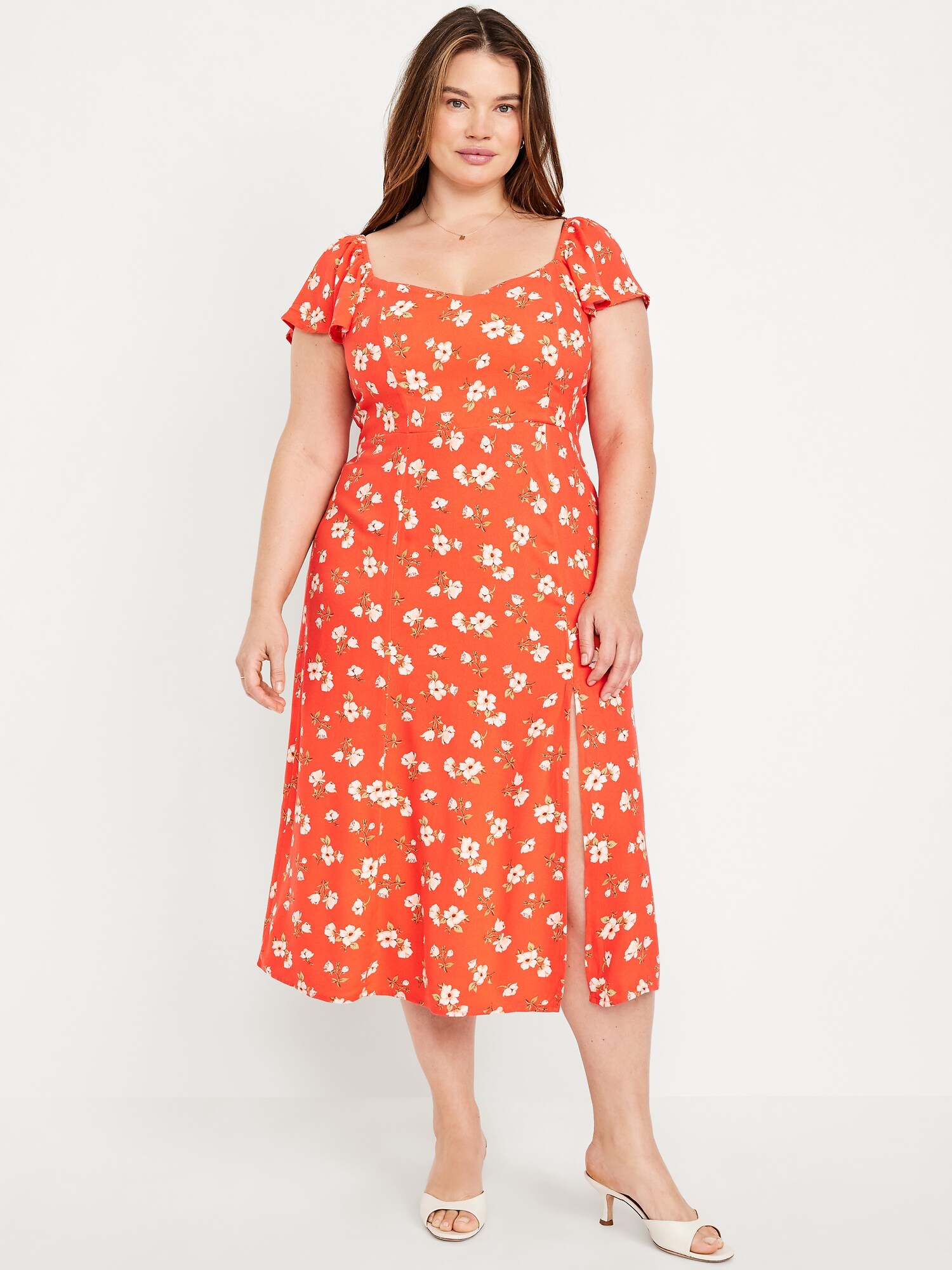 Женское платье Old Navy Flutter-Sleeve Crepe Midi, цвет: Красный с принтом — фото 6