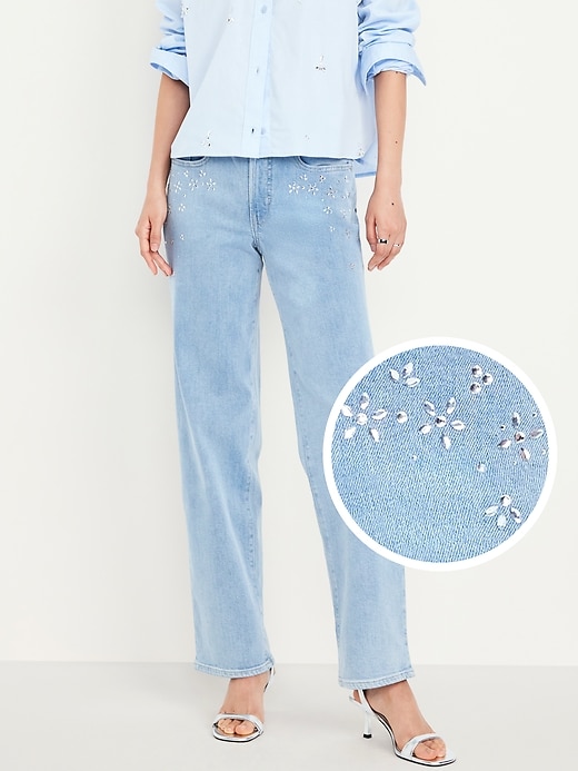 Image number 1 showing, High-Waisted OG Loose Rhinestone-Embellished Jeans