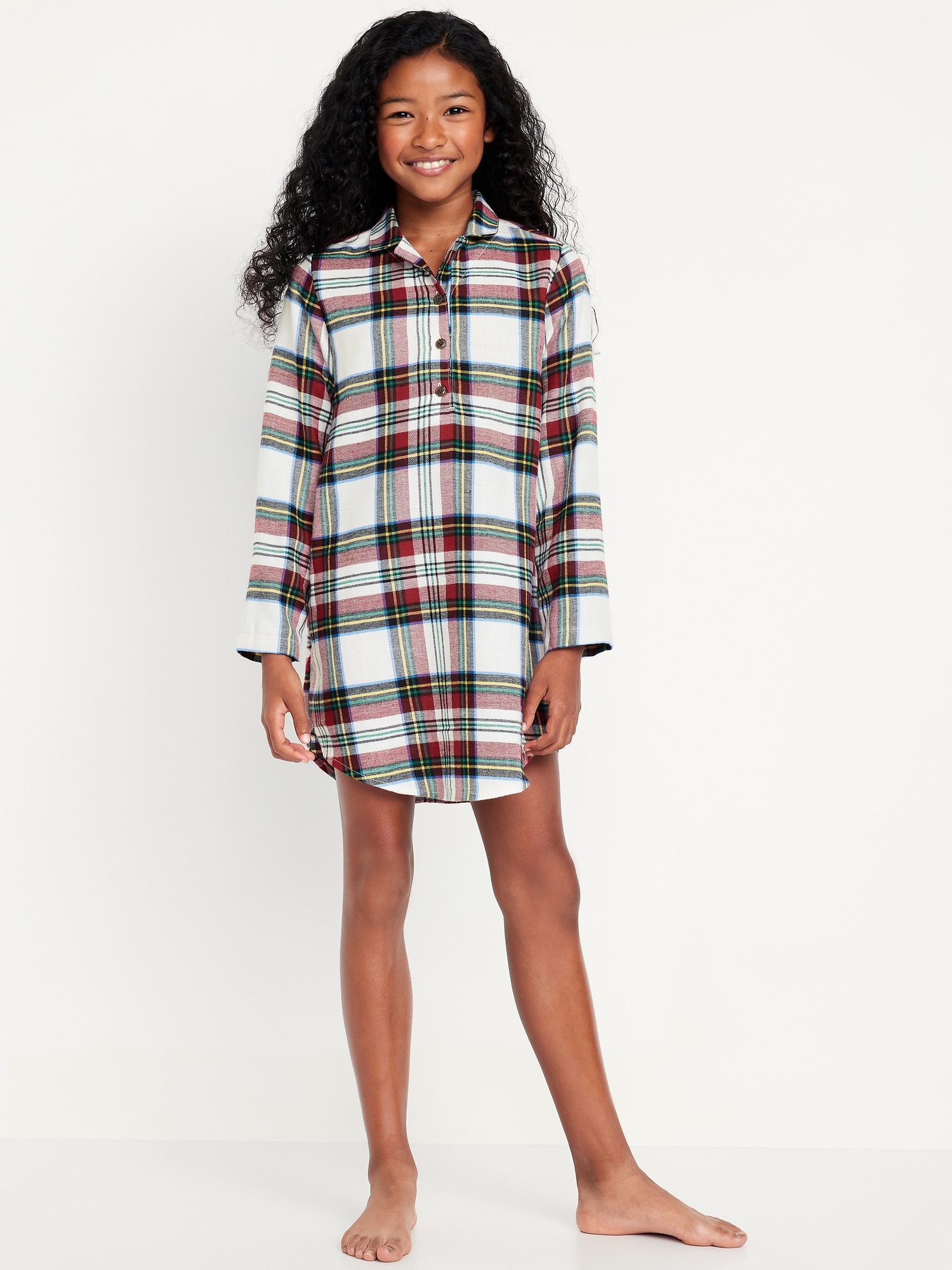 Collared Flannel Nightgown for Girls - White