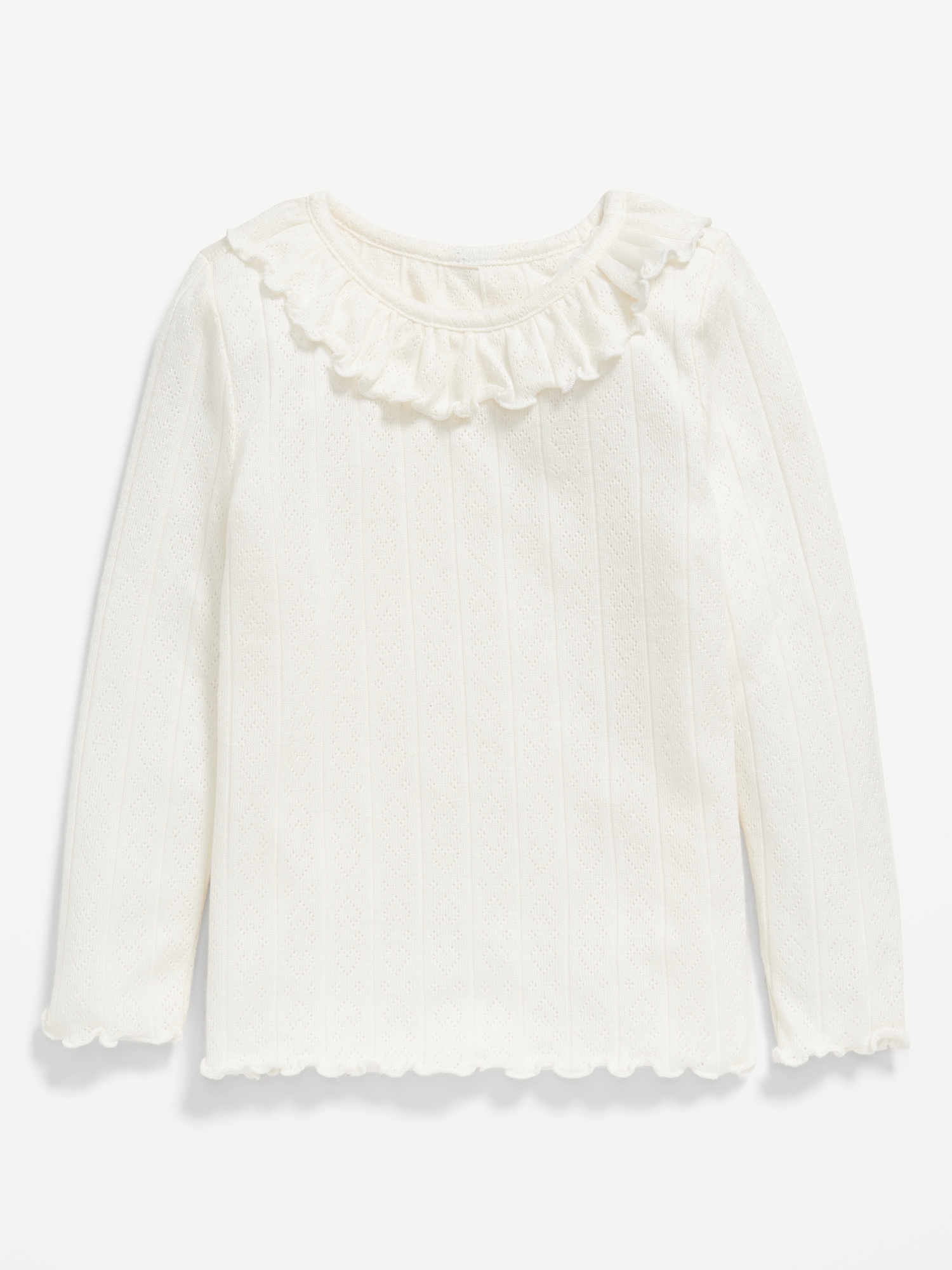 Long-Sleeve Ruffle-Trim Pointelle-Knit Top for Toddler Girls