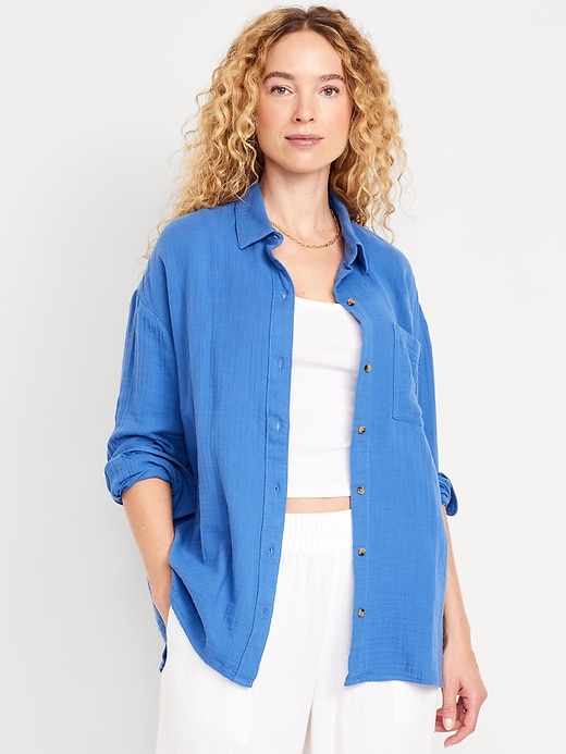 Image number 1 showing, Crinkle Gauze Loose Button-Down Shirt