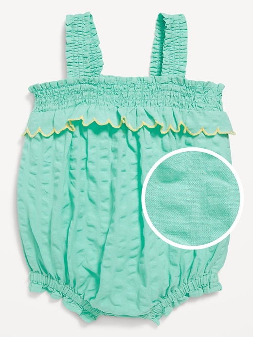 View large product image 1 of 2. Sleeveless Ruffle-Trim Smocked One-Piece Romper for Baby