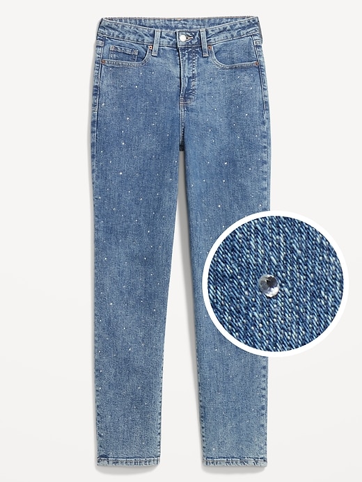 Image number 1 showing, High-Waisted OG Straight Rhinestone-Embellished Ankle Jeans