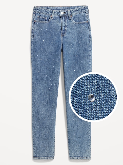 High-Waisted OG Straight Rhinestone-Embellished Ankle Jeans