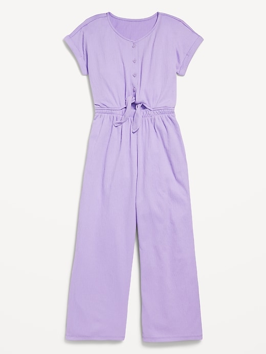 Image number 3 showing, Short-Sleeve Button-Front Tie-Knot Jumpsuit for Girls