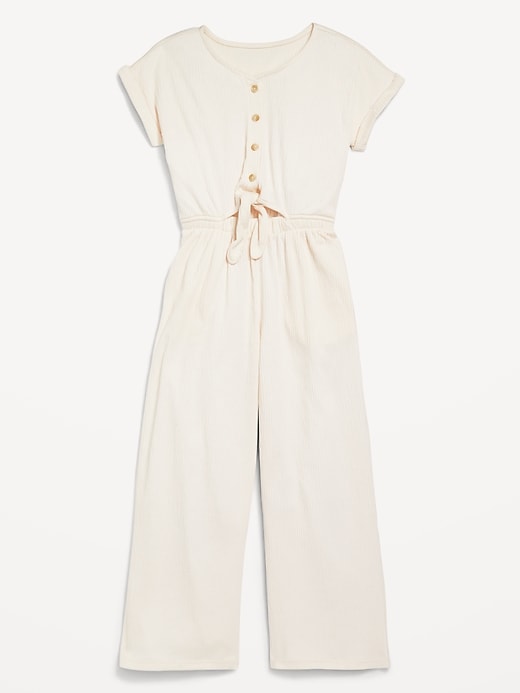 Image number 3 showing, Short-Sleeve Button-Front Tie-Knot Jumpsuit for Girls