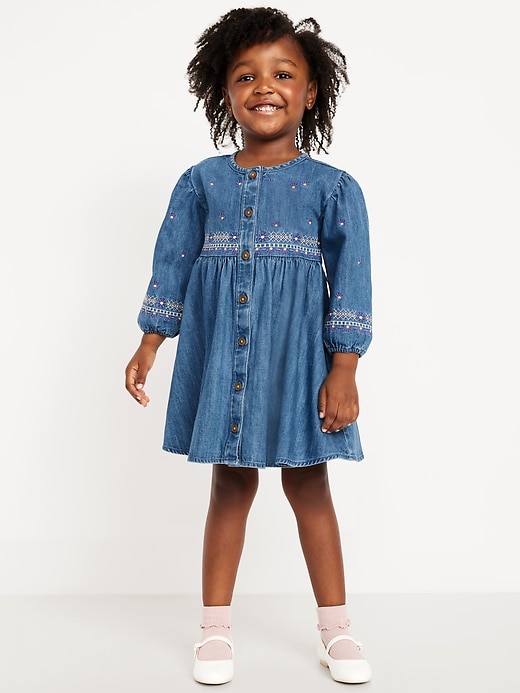 View large product image 1 of 3. Long-Sleeve Button-Front Embroidered Jean Dress for Toddler Girls