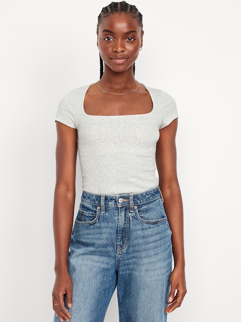 Ribbed Square-Neck T-Shirt - Light Heather Gray