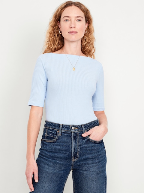 Ribbed Boat-Neck T-Shirt - Cashmere Blue
