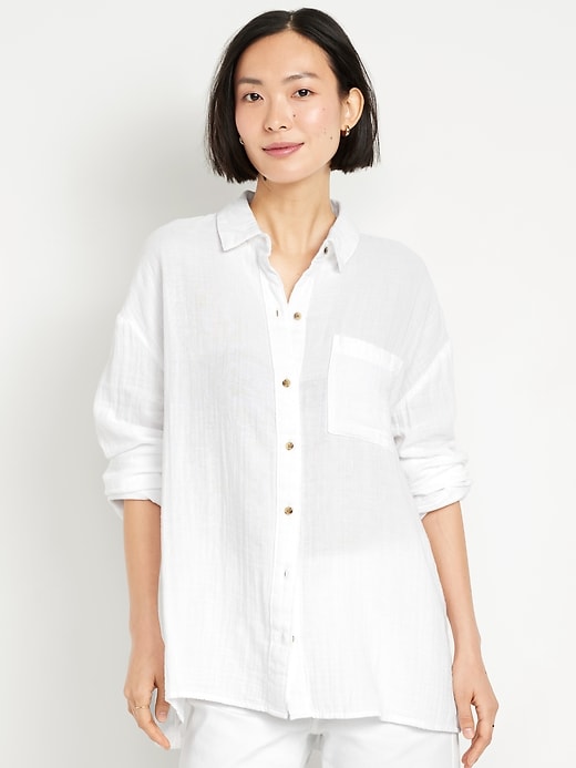 Image number 1 showing, Crinkle Gauze Loose Button-Down Shirt