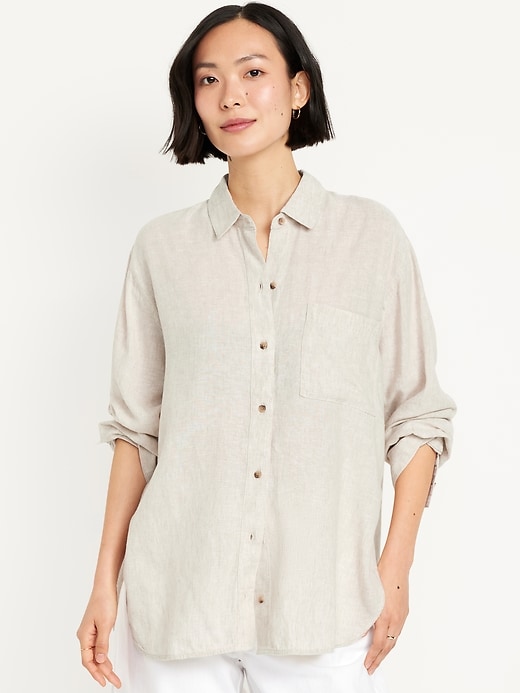 Image number 1 showing, Loose Button-Down Linen-Blend Shirt