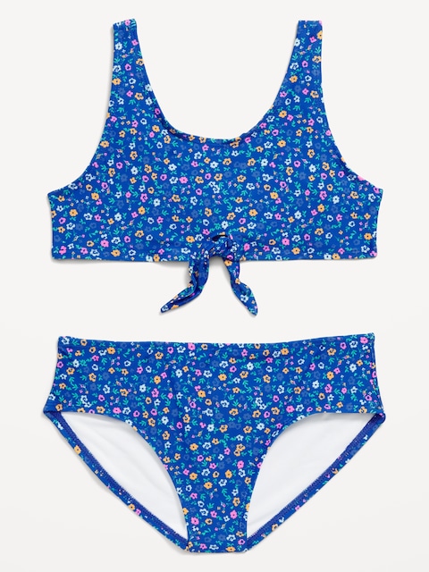 Printed Tie-Knot Bikini Swim Set for Girls - Blue Ditsy Floral