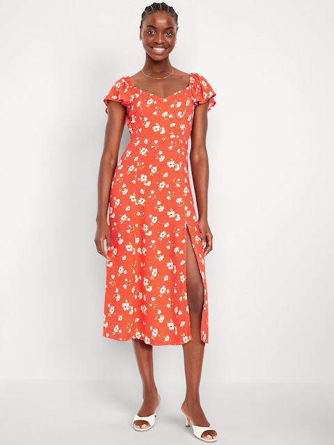 Flutter-Sleeve Crepe Midi Dress - Red Floral