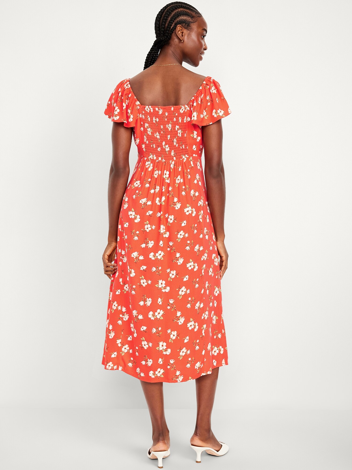 Женское платье Old Navy Flutter-Sleeve Crepe Midi, цвет: Красный с принтом — фото 2