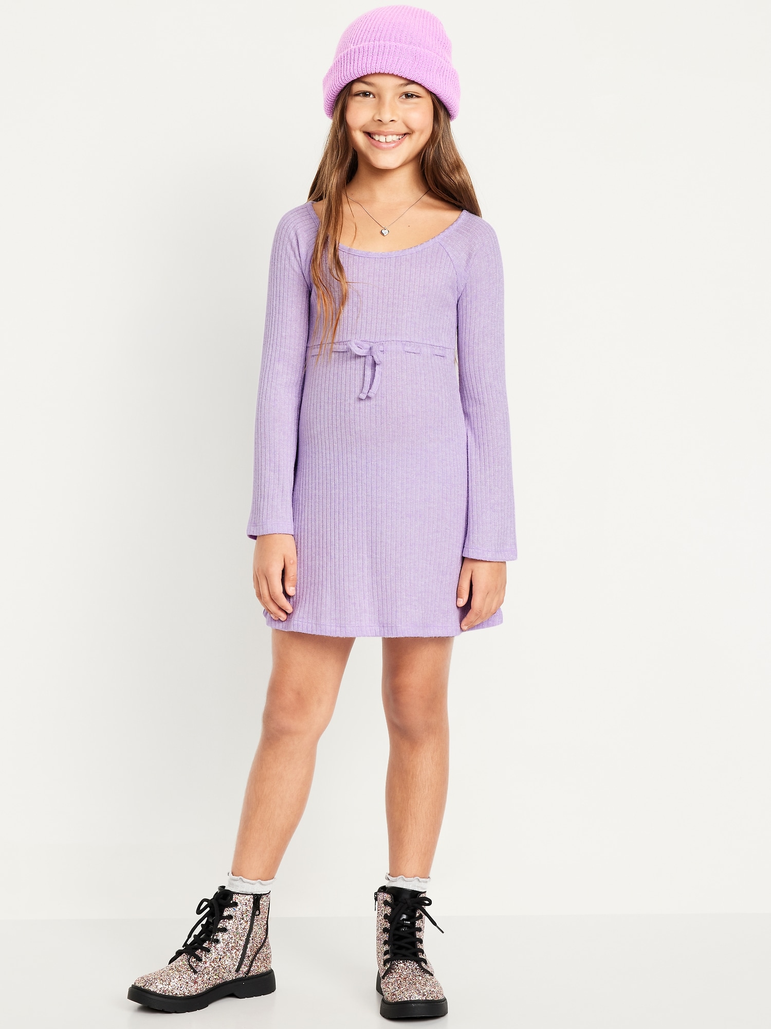 Long-Sleeve Sparkly Ribbed Fit and Flare Dress for Girls