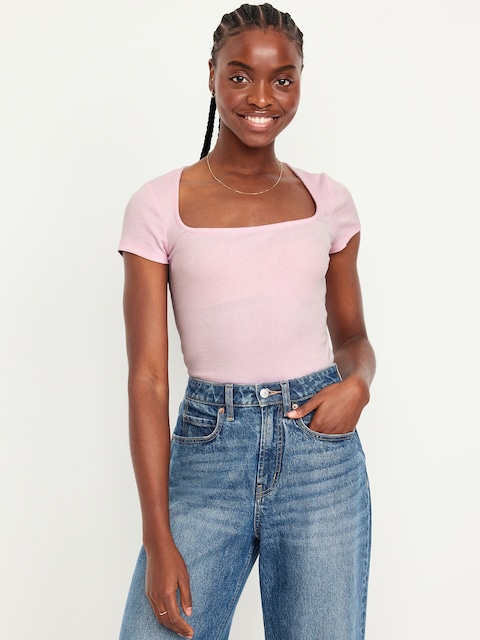 Ribbed Square-Neck T-Shirt - Palest Blossom