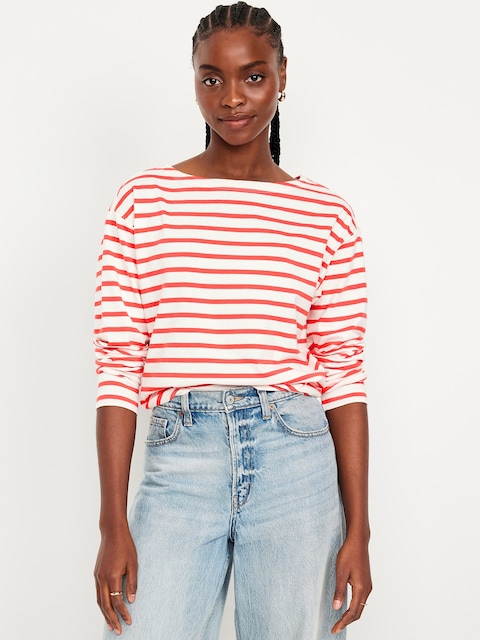 Long-Sleeve Mariner Loose T-Shirt - Red Mini Stripe
