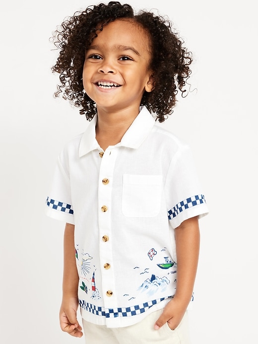 View large product image 1 of 2. Printed Short-Sleeve Linen-Blend Shirt for Toddler Boys