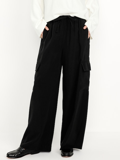 Extra High-Waisted Drapey Cargo Super Wide-Leg Pants - Black Jack