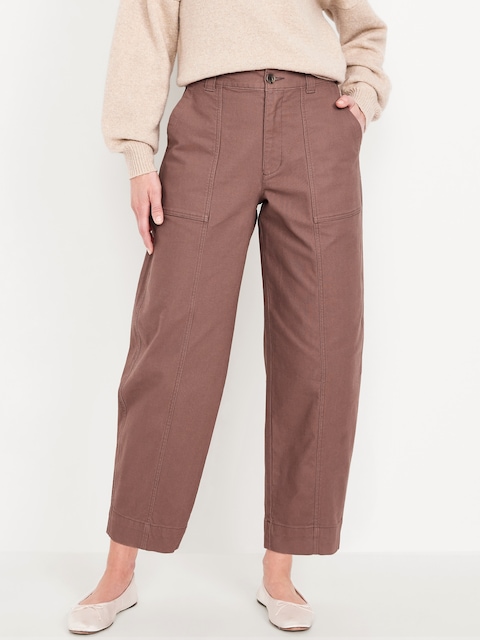 High-Waisted Canvas Barrel Ankle Pants - Warm Taupe