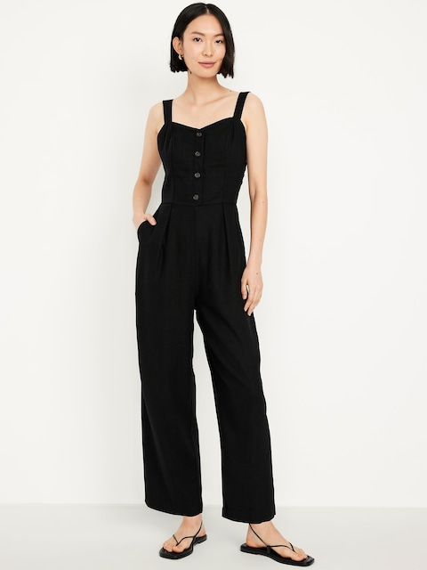 Button-Front Linen-Blend Cami Jumpsuit - Black Jack