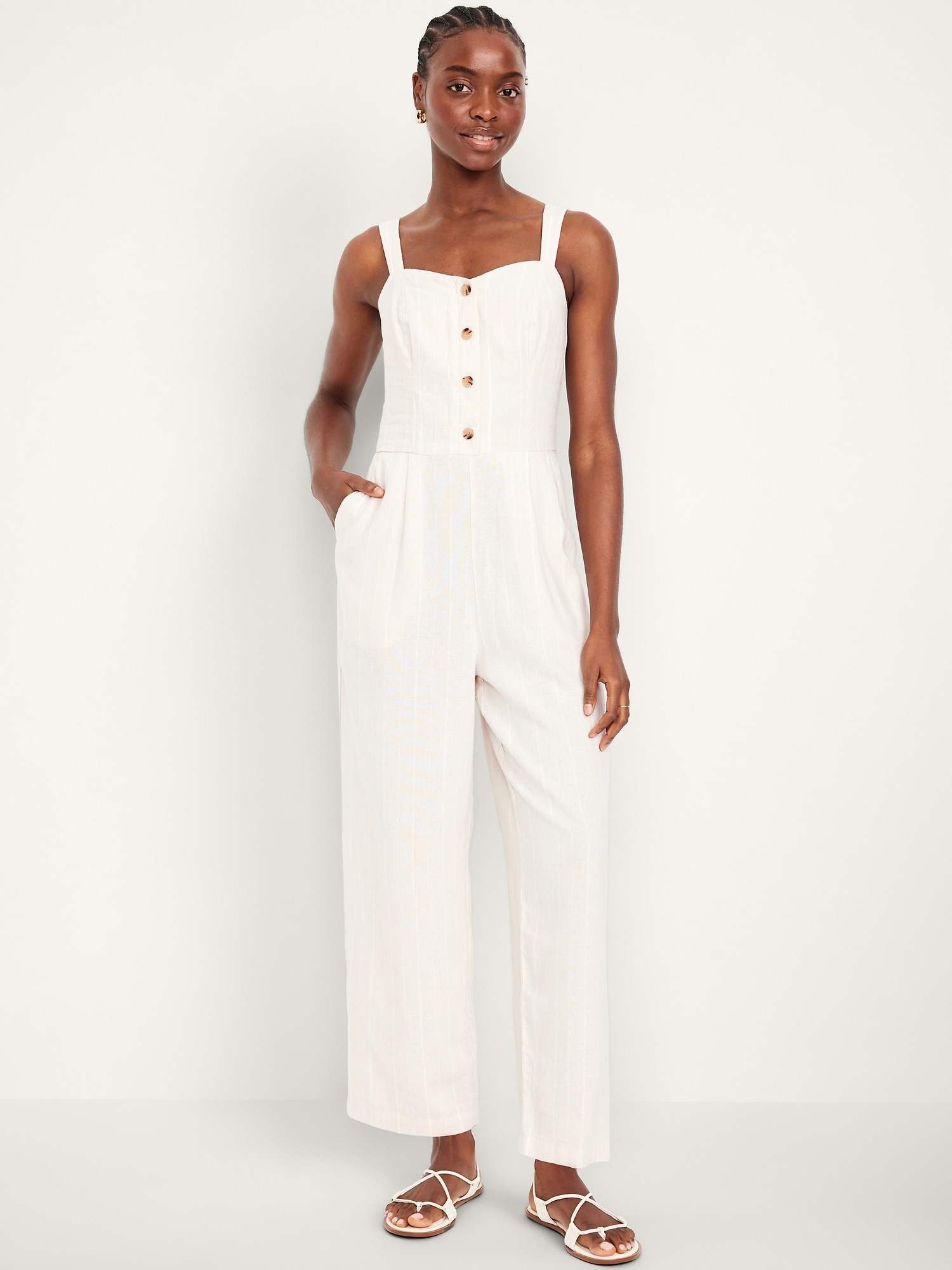 Button-Front Linen-Blend Cami Jumpsuit