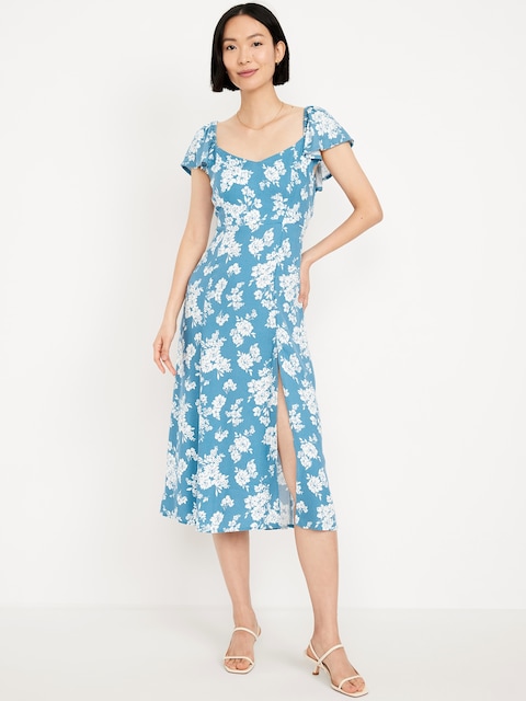 Flutter-Sleeve Crepe Midi Dress - Bold Floral