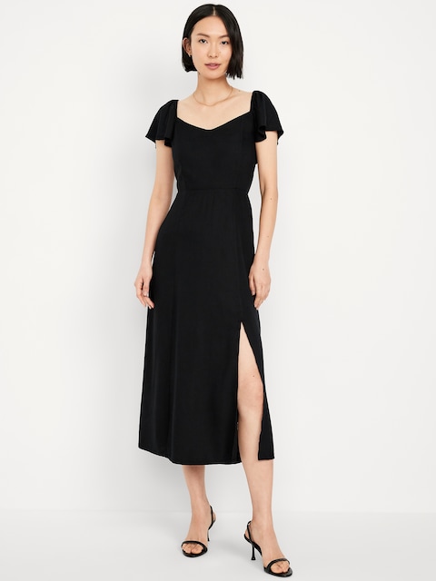 Flutter-Sleeve Crepe Midi Dress - Black Jack