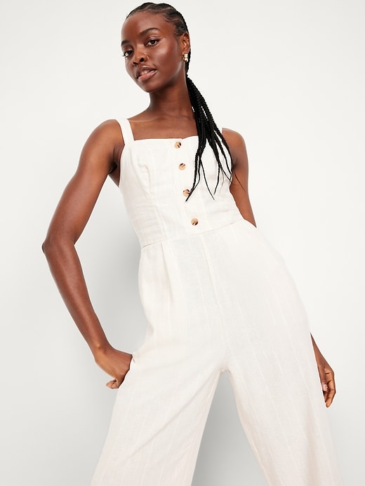 Image number 3 showing, Button-Front Linen-Blend Cami Jumpsuit