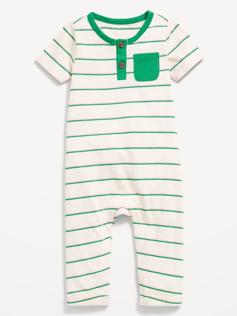 Short-Sleeve Jersey-Knit Henley One-Piece for Baby - Green Stripe