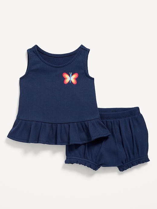 View large product image 1 of 1. Sleeveless Ribbed Ruffle-Trim Top and Shorts Set for Baby