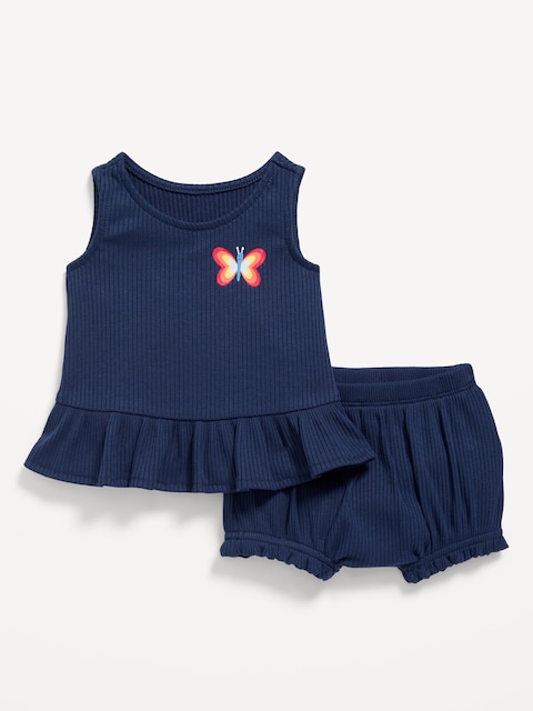 Sleeveless Ribbed Ruffle-Trim Top and Shorts Set for Baby - Obscure Night