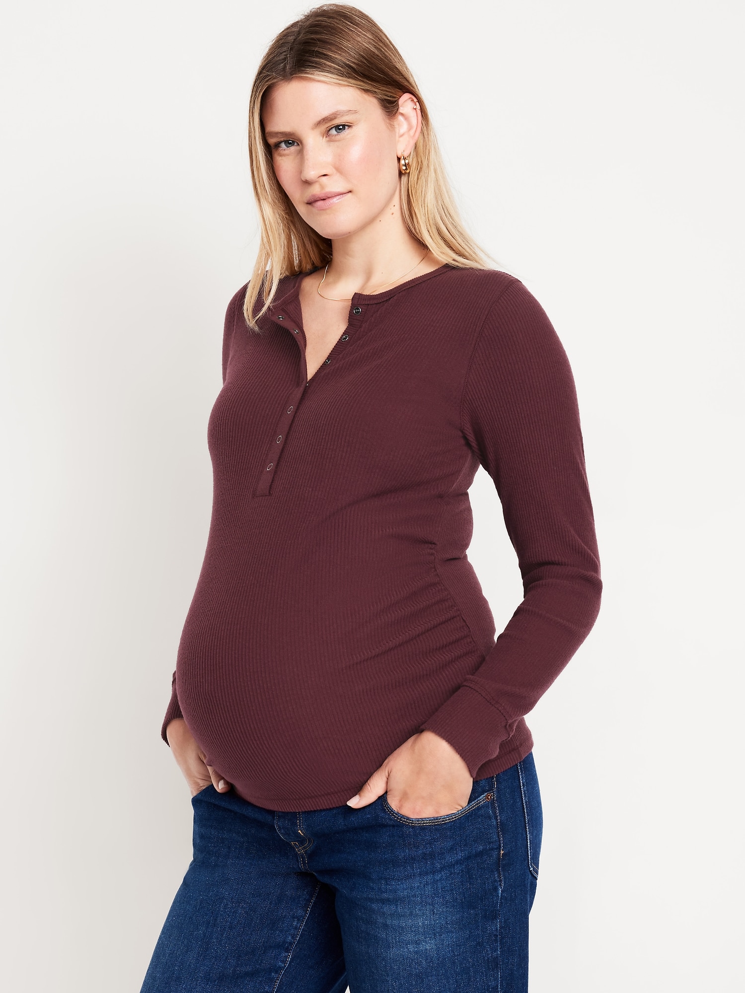 Maternity Long-Sleeve Henley T-Shirt - Red