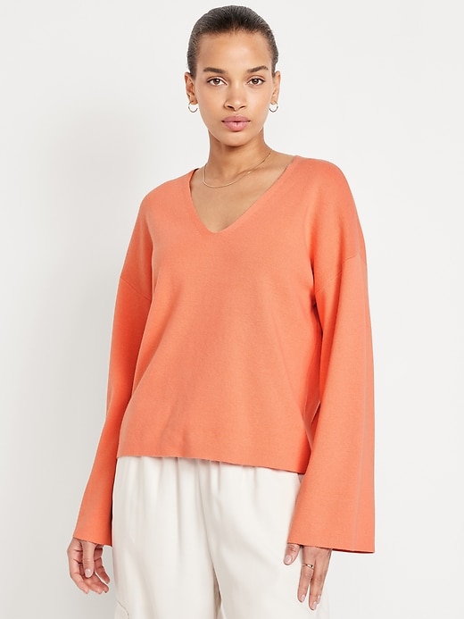 Image number 1 showing, Bell-Sleeve V-Neck Sweater