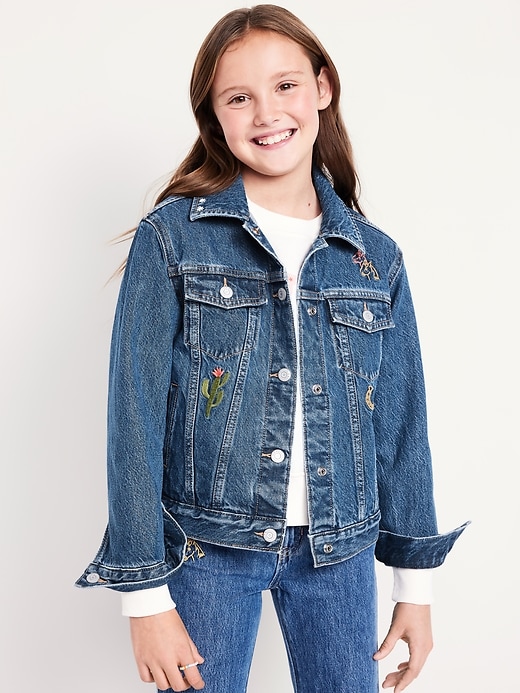 View large product image 1 of 4. Oversized Embroidered Jean Trucker Jacket for Girls