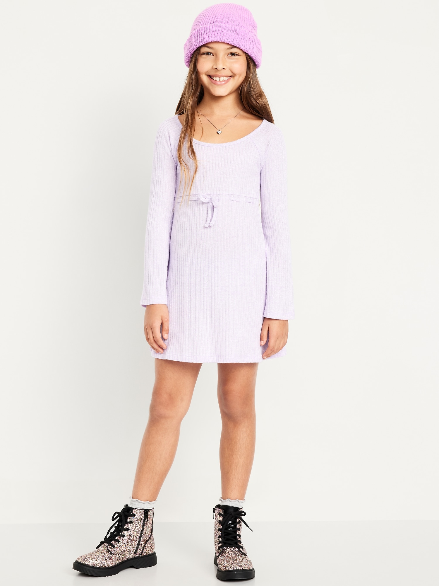 Long-Sleeve Sparkly Ribbed Fit and Flare Dress for Girls