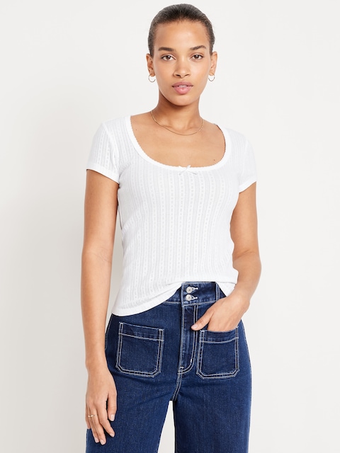 Lace-Trim Ribbed Pointelle T-Shirt - White Lilies