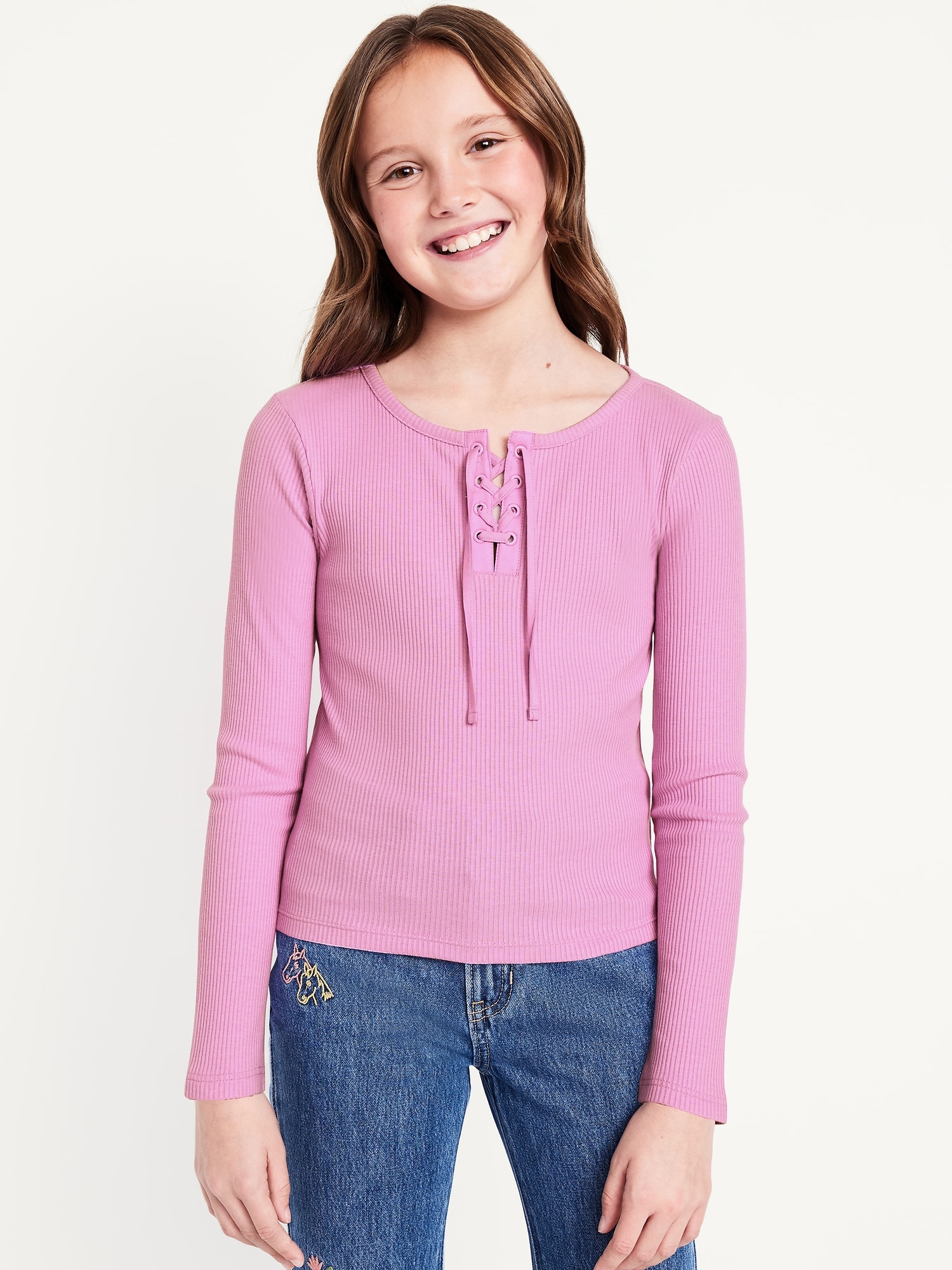 Fitted Long-Sleeve Ribbed Lace-Up Top for Girls